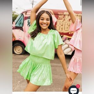 NWOT! QUEEN OF SPARKLES two piece set - NEON GREEN holo stripe